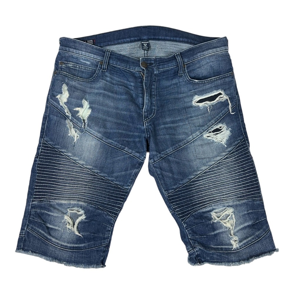 True Religion Geno Relaxed Slim Moto Mens Blue Denim Shorts Size 36 Distressed